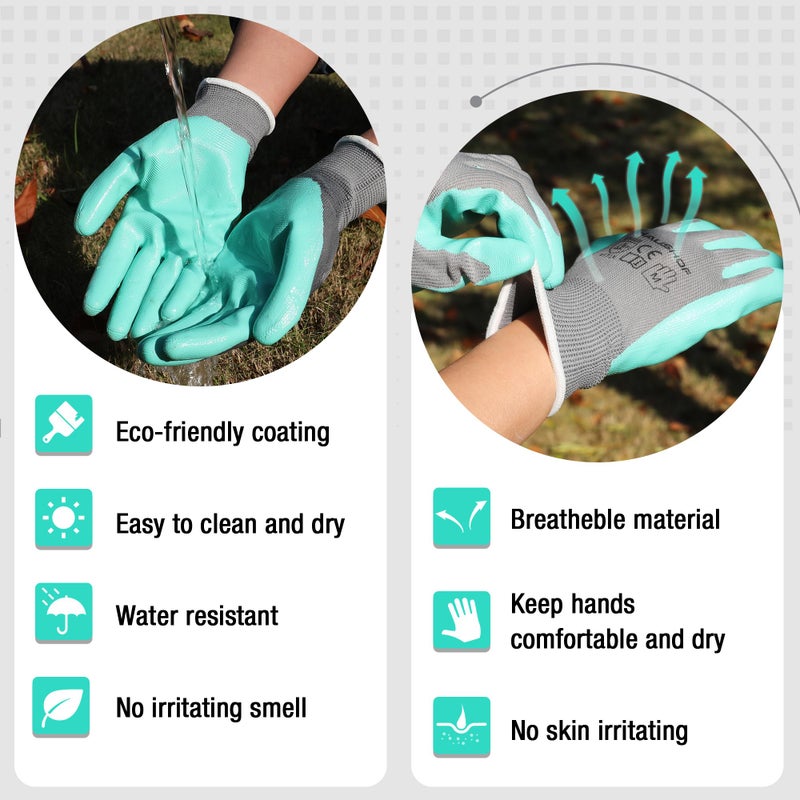 HAUSHOF 6 Pairs Garden Gloves for Women, Nitrile Coated Working Gloves, for Gardening, Restoration Work, Medium, Pink & Green, M - Image 2